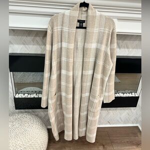 Adrienne Vittadini Tan and Cream Plaid Long Cardigan Sweater Heavy Knit Size 2X